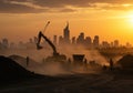 Construction site at sunset with urban skyline silhouette in the background Royalty Free Stock Photo