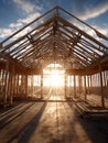 Construction Site at Sunset With Wooden Frame and Beams Creating a Beautiful Silhouette Against the Sky Royalty Free Stock Photo