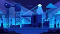 The construction site takes on a futuristic appearance at night as the bright floodlights emit a surreal blue glow on