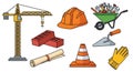 Construction site tools and equipment collection for building projects and safety gear Royalty Free Stock Photo