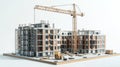 Construction site with a tower crane lifting structural beam, building in progress, forklift on white background Royalty Free Stock Photo