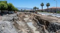 extensive road construction site with large trench being dug along residential area under clear blue sky in daytime Royalty Free Stock Photo