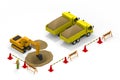 A person who works at a construction site. A truck that carries garbage. Excavator operation. isometric