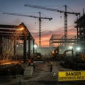 Construction site during twilight showing several cranes towering over the skeletal Royalty Free Stock Photo