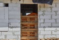 Construction site. Unfinished construction. Building materials. White brick.