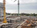 Construction site. View from above. Start of construction. Skyscraper foundation. workers Royalty Free Stock Photo