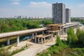 construction site with view of the finished product, such as a new building or bridge