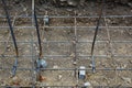 Construction site view of steel rebar grid for foundation