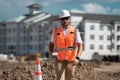 Construction site worker in helmet working outdoor. A builder in a safety hard hat at constructing buildings Royalty Free Stock Photo