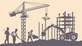 Construction site with workers and heavy machinery, urban development. vector design Generative AI Royalty Free Stock Photo
