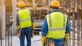 Construction site workers in safety gear overseeing project development Royalty Free Stock Photo
