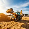 A construction site with a yellow backhoe loader lifting a bucket of sand Royalty Free Stock Photo