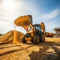 A construction site with a yellow backhoe loader lifting sand Royalty Free Stock Photo