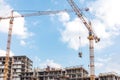 Construction site with yellow tower cranes against blue sky background Royalty Free Stock Photo