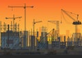 Construction Skyline under construction sunset silhouette. Web Site head of new city exterior. Vector illustration. Royalty Free Stock Photo