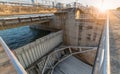 Construction of Spillway Dam gate with sunrise, Royalty Free Stock Photo