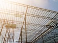 Construction, steel frame, roof structure, construction worker, sky view, Royalty Free Stock Photo