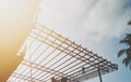 Construction, steel frame, roof structure, construction worker, sky view,