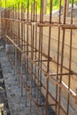 Construction of a strip foundation, reinforcement strapping, formwork in the background