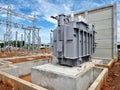 Main tank power transformer Installation, the high voltage take-off tower, and foundation for Royalty Free Stock Photo