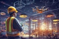 Construction supervisor monitoring a drone in a futuristic industrial environment