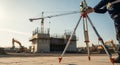 Construction Surveyor at Work Building Site in Bright Sunlight Measuring Equipment and Crane Excavators in Background Royalty Free Stock Photo