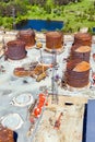 Construction of tank for an oil storage by sheet assembly. View from above. Flight around construction site Royalty Free Stock Photo