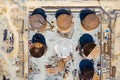 Construction of tank for an oil storage by sheet assembly. View from above. Flight around construction site Royalty Free Stock Photo