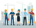 Construction team. Engineering and constructions workers, building engineers group and technicians people cartoon vector