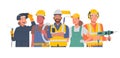 Construction team. Men and women of working professions. Painter, welder, electrician, mason, led by a foreman