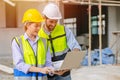 Construction teamwork engineer builder team looking floor plan projects together at laptop happy smile Royalty Free Stock Photo