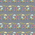 Construction-themed watercolor seamless pattern featuring forklifts, warning signs, and cranes on a gray background. Royalty Free Stock Photo