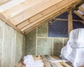 Construction - thermally insulating eco-wood frame house with wood fiber plates and heat-isolating natural hemp material Royalty Free Stock Photo