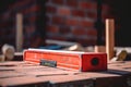 Construction tool. Bubble spirit level on on a construction site. New Red Brick Wall Outdoor. Royalty Free Stock Photo