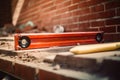 Construction tool. Bubble spirit level on on a construction site. New Red Brick Wall Outdoor. Royalty Free Stock Photo