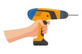Construction tool in hand, drill. Repair and housework equipment in flat design, vector illustration. Master tool for