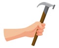 Construction tool in hand, hammer. Repair and housework equipment in flat design, vector illustration. Master tool for