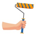 Construction tool in hand, roller. Repair and housework equipment in flat design, vector illustration. Master tool for