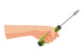 Construction tool in hand, screwdriver. Repair and housework equipment in flat design, vector illustration. Master tool