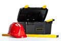 Construction toolbox, level and red hardhat Royalty Free Stock Photo