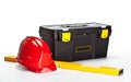 Construction toolbox, level and red hardhat Royalty Free Stock Photo