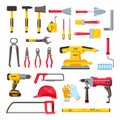 Construction toolkit. Home renovation and repair tools, spanner, trowel, electric drill and screwdriver. Woodwork