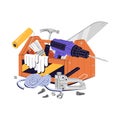 Construction toolkit for repair house. Builder tools: drill, hammer, saw. Wooden toolbox with instruments for renovation