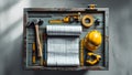 Construction tools and architectural blueprints arranged on a weathered wooden surface Royalty Free Stock Photo