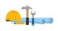Construction Tools Arrangement with Hard Hat, Hammer, Wrench, and Blueprint Royalty Free Stock Photo