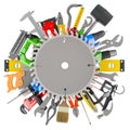 Construction tools, assortment of work tools with circular saw blade inside. 3D rendering Royalty Free Stock Photo