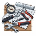 Construction Tools and Blueprint - A Detailed Illustration for Engineering Projects Royalty Free Stock Photo