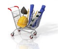 Construction tools and blueprint in the stopping cart on white b Royalty Free Stock Photo