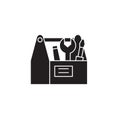 Construction tools box black vector concept icon. Construction tools box flat illustration, sign Royalty Free Stock Photo