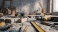 Construction tools and building materials on dusty worksite Royalty Free Stock Photo